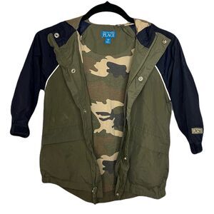 The Childrens Place Boys Green‎ Navy Camo Hooded Jacket Size XS 4 Full Zip